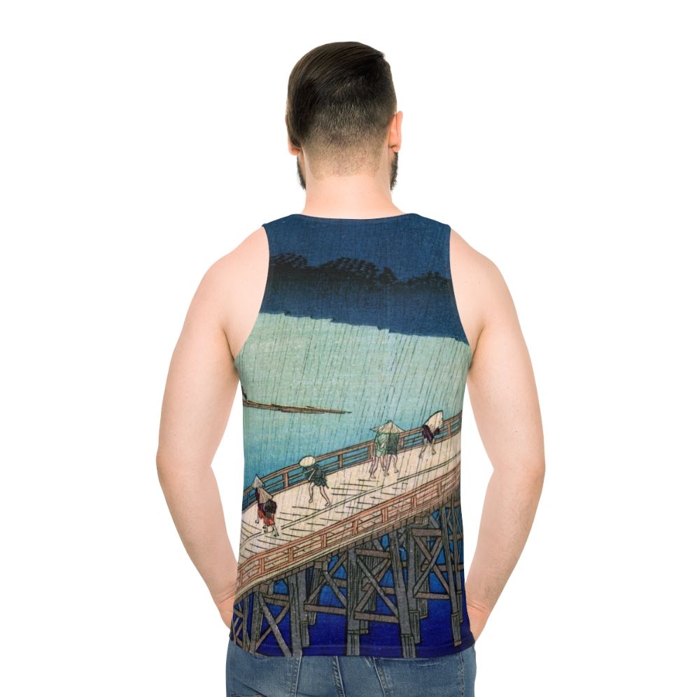 Unisex tank top featuring the Japanese ukiyo-e artwork "Sudden Shower Over Shin Ohashi Bridge" by Hiroshige