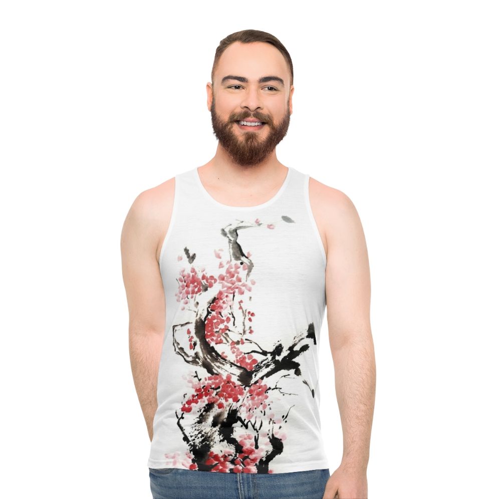 Japanese watercolor painting of cherry blossoms on unisex tank top