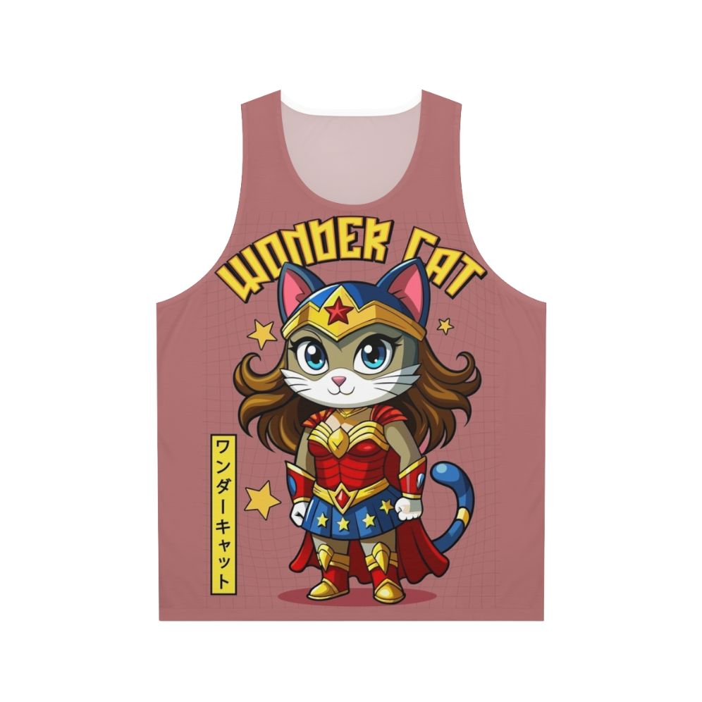 Cute Japanese superhero cat graphic on a unisex tank top