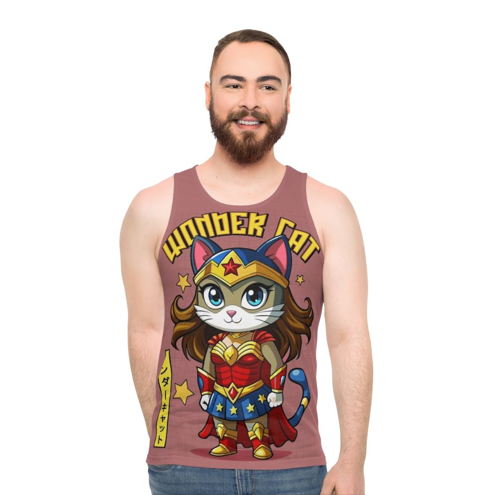 Cute Japanese superhero cat graphic on a unisex tank top