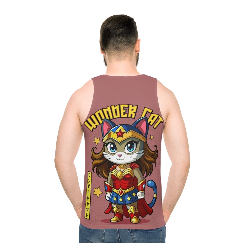 Cute Japanese superhero cat graphic on a unisex tank top