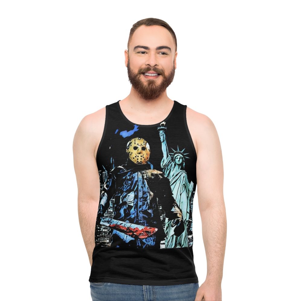 "Jason Takes Manhattan" Unisex Tank Top featuring the iconic Friday the 13th slasher