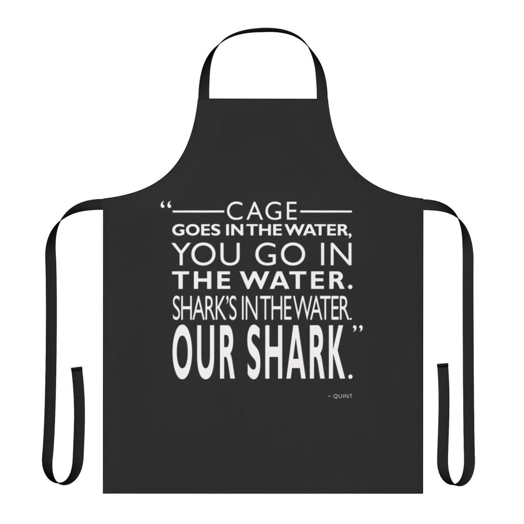 Jaws inspired apron with graphic design of a shark silhouette swimming in the water