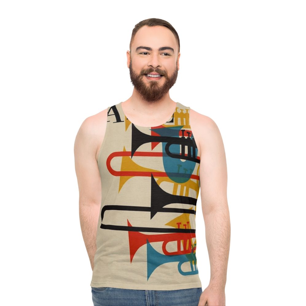 Jazz Unisex Tank Top with Saxophone and Trumpet Graphic