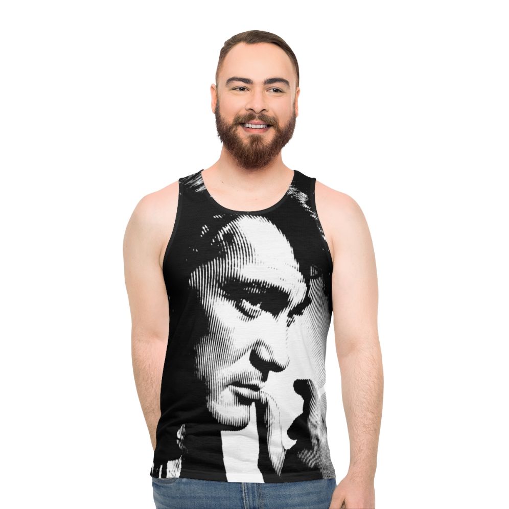 Unisex tank top featuring a black and white linocut portrait of French actor Jean Marais