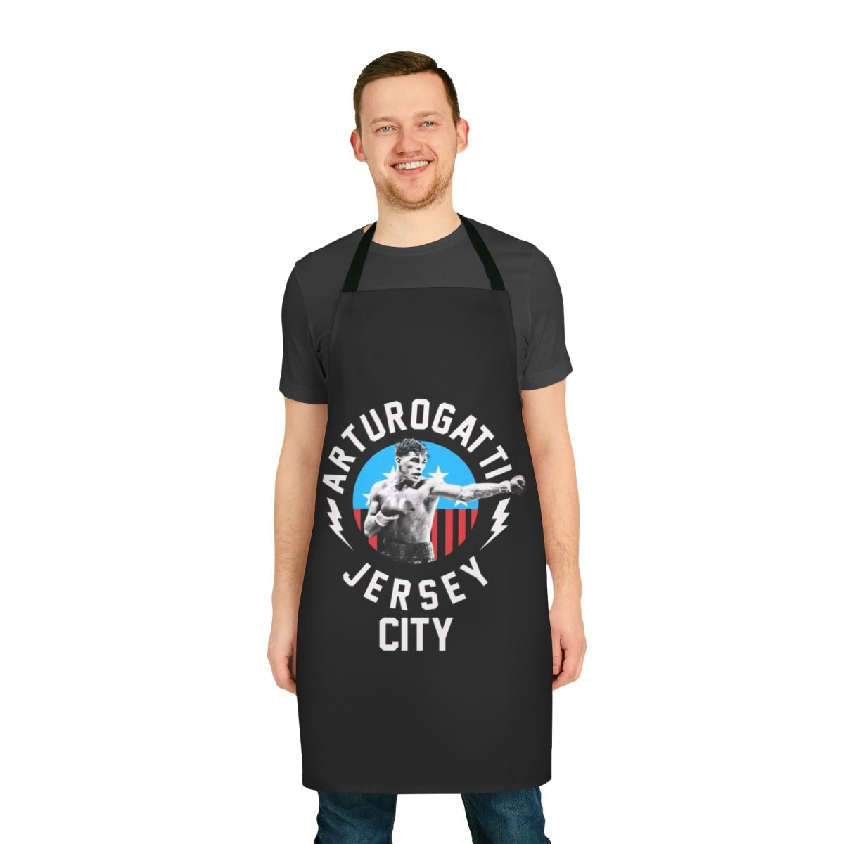 Arturo Gatti-inspired apron featuring a jersey city theme