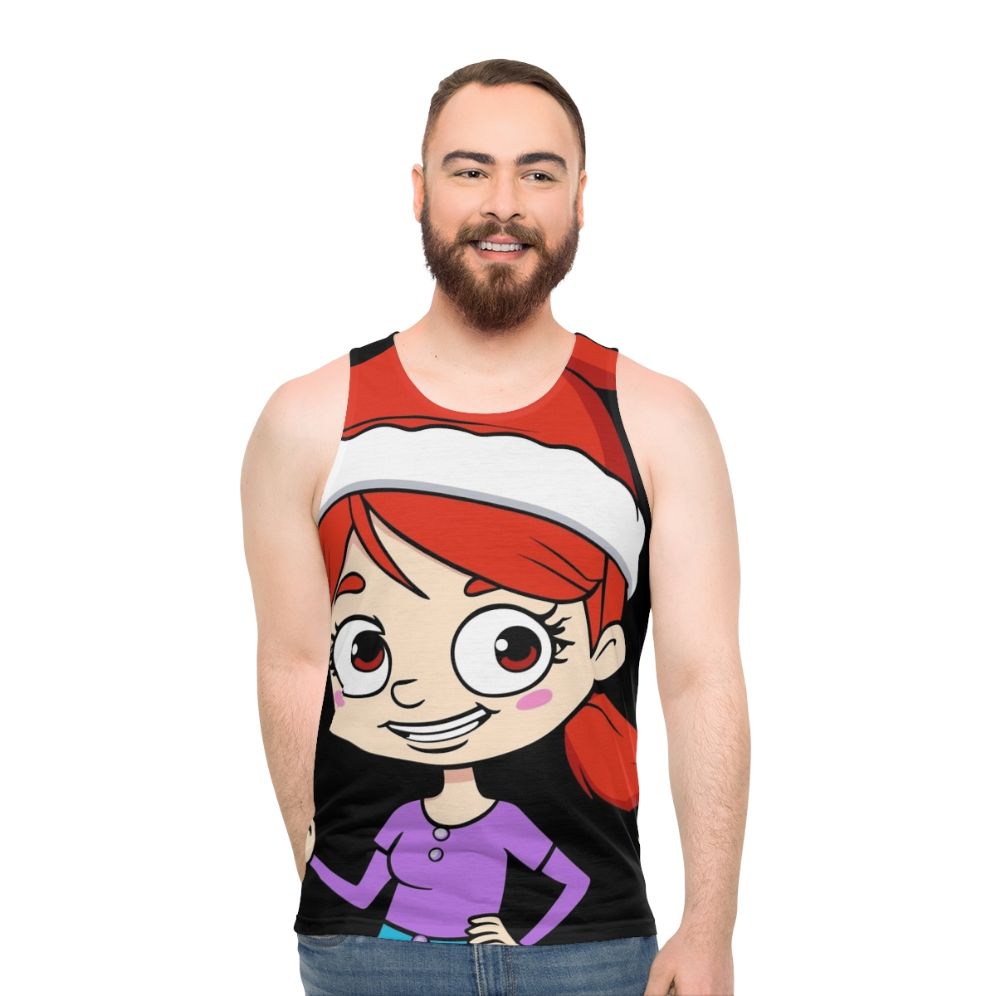 Jessi from the Netflix series Big Mouth wearing a Santa hat on a vibrant unisex tank top