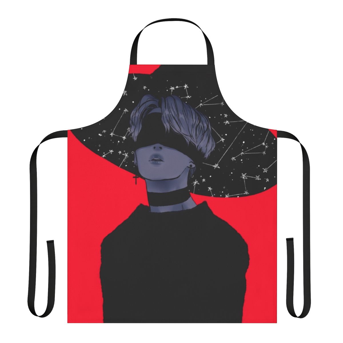 Jimin-inspired aesthetic apron featuring red, black, and constellation designs