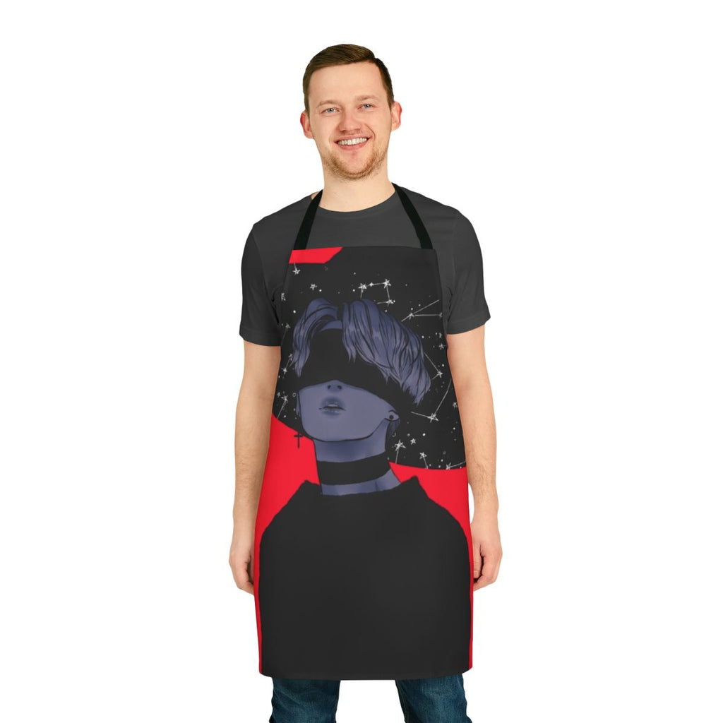 Jimin-inspired aesthetic apron featuring red, black, and constellation designs
