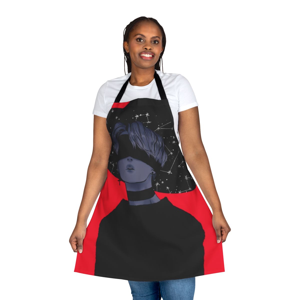 Jimin-inspired aesthetic apron featuring red, black, and constellation designs
