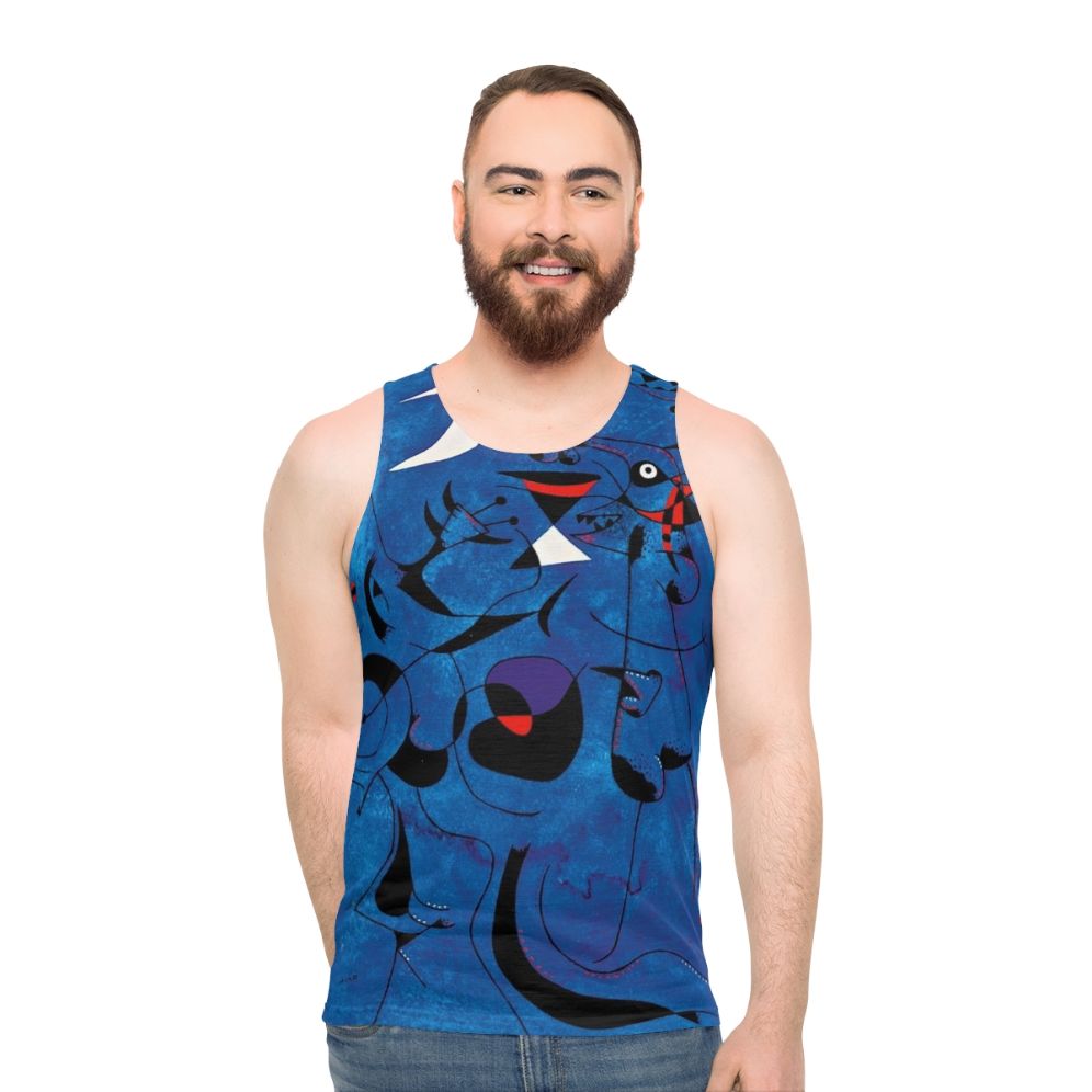 Unisex tank top featuring abstract primary color design inspired by the artwork of Joan Miro