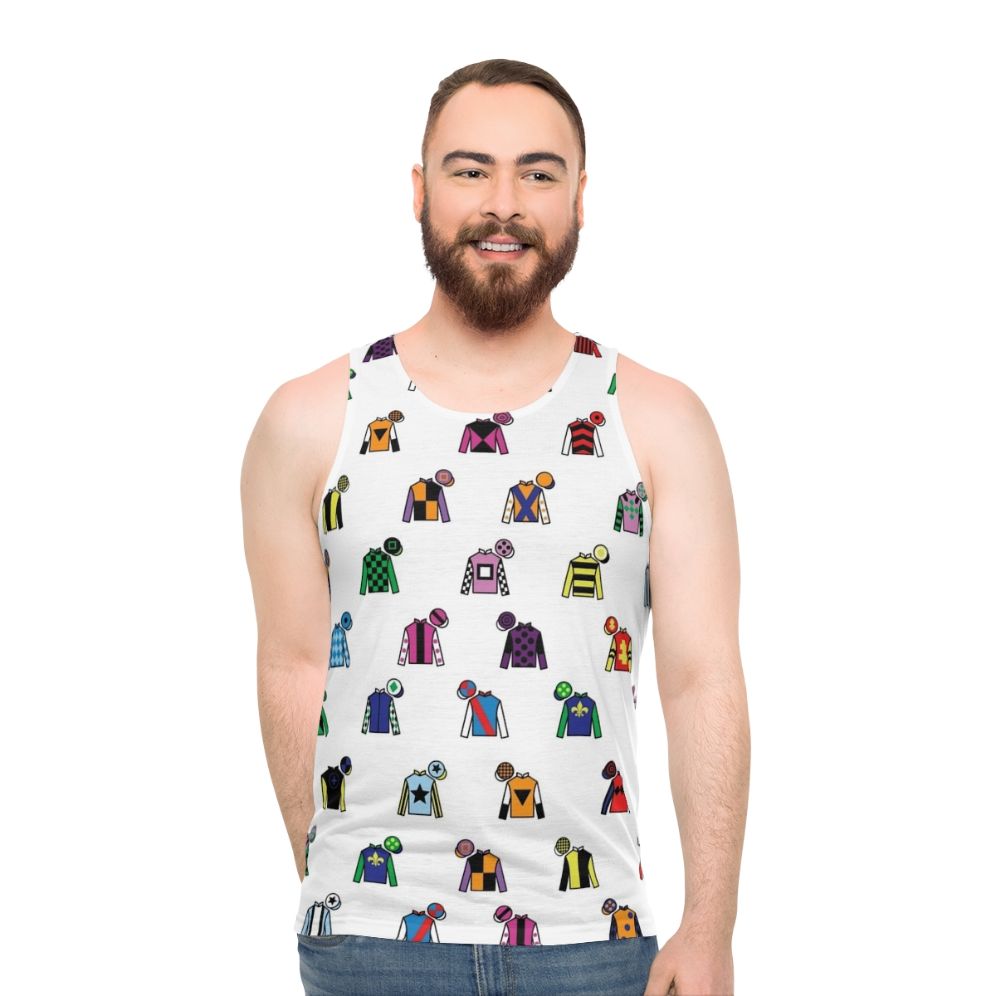 Unisex tank top featuring vibrant jockey silks design