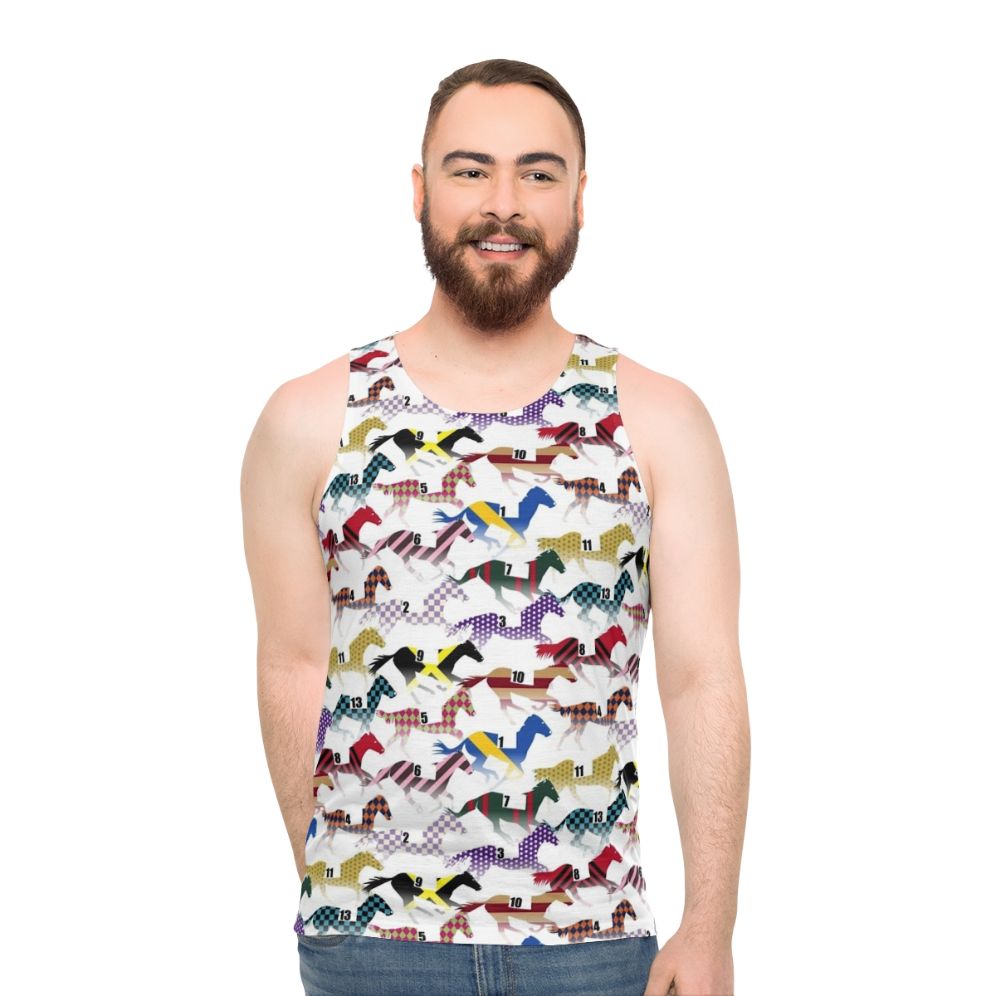 Unisex tank top with a colorful jockey silks pattern design