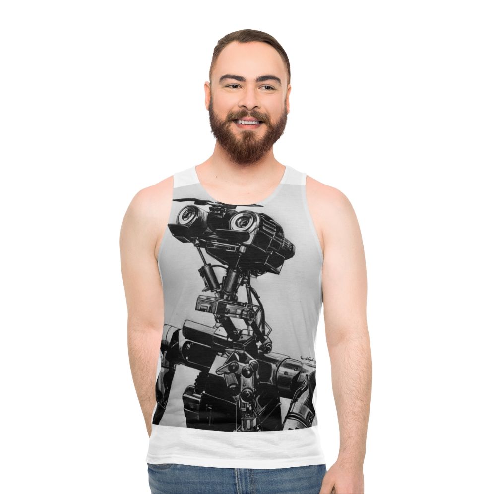 Johnny 5 from the classic 1988 movie Short Circuit on a unisex retro tank top