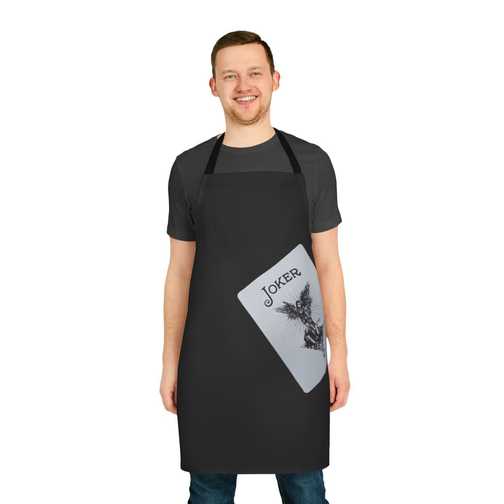 Joker-themed apron with playing card and magic-related graphics