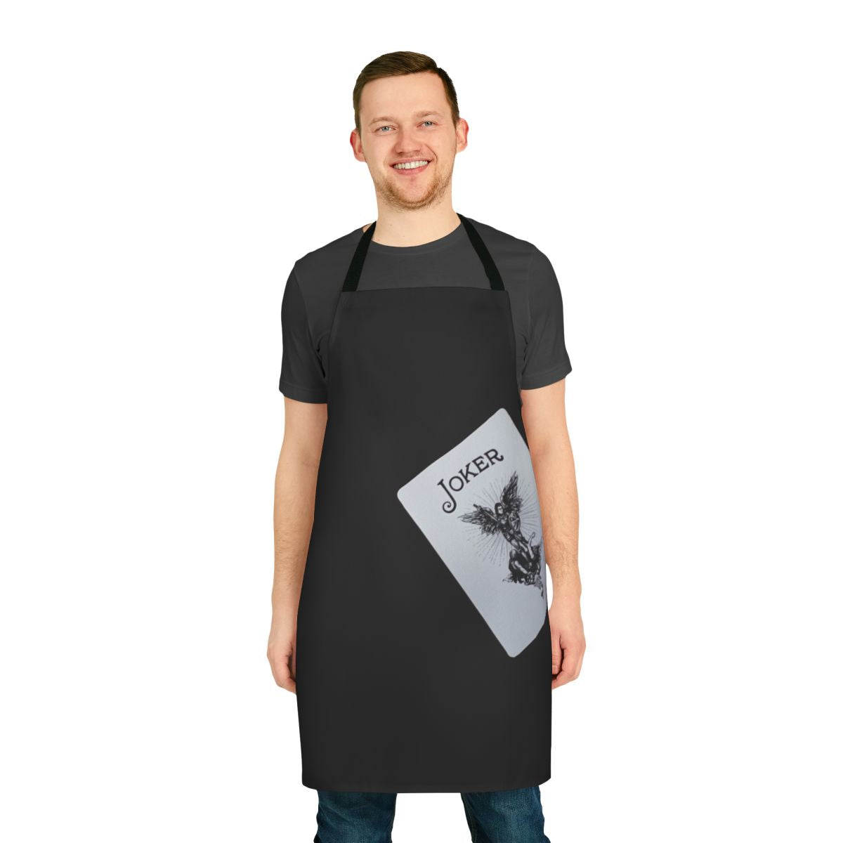 Joker-themed apron with playing card and magic-related graphics