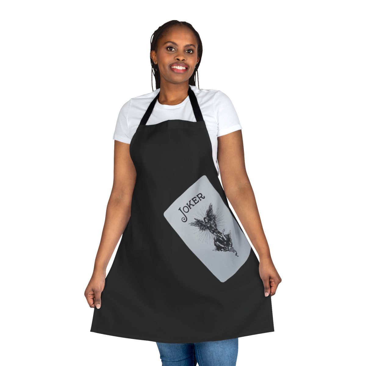 Joker-themed apron with playing card and magic-related graphics