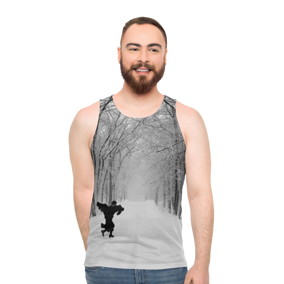Joni Mitchell inspired unisex black crow graphic tank top