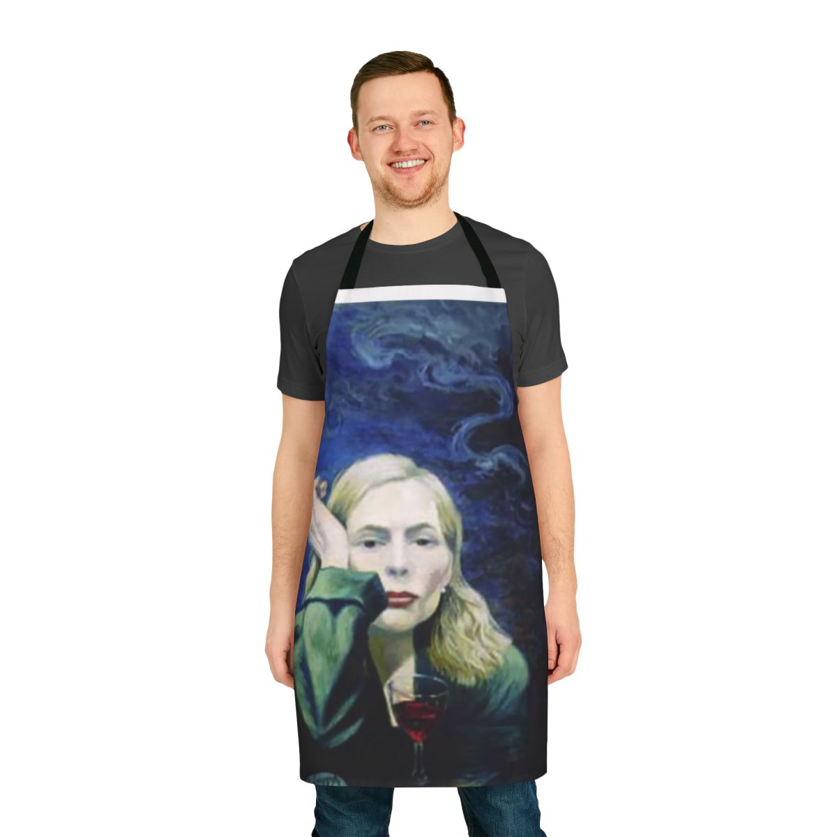 Colorful painting apron featuring Joni Mitchell's iconic "Both Sides Now" album cover art