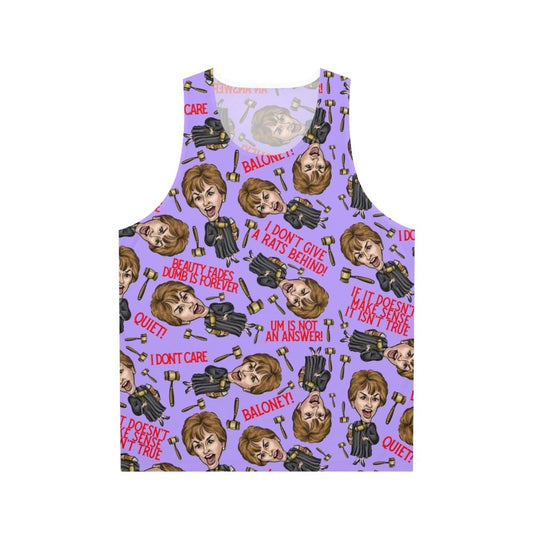 Purple unisex tank top with Judge Judy print