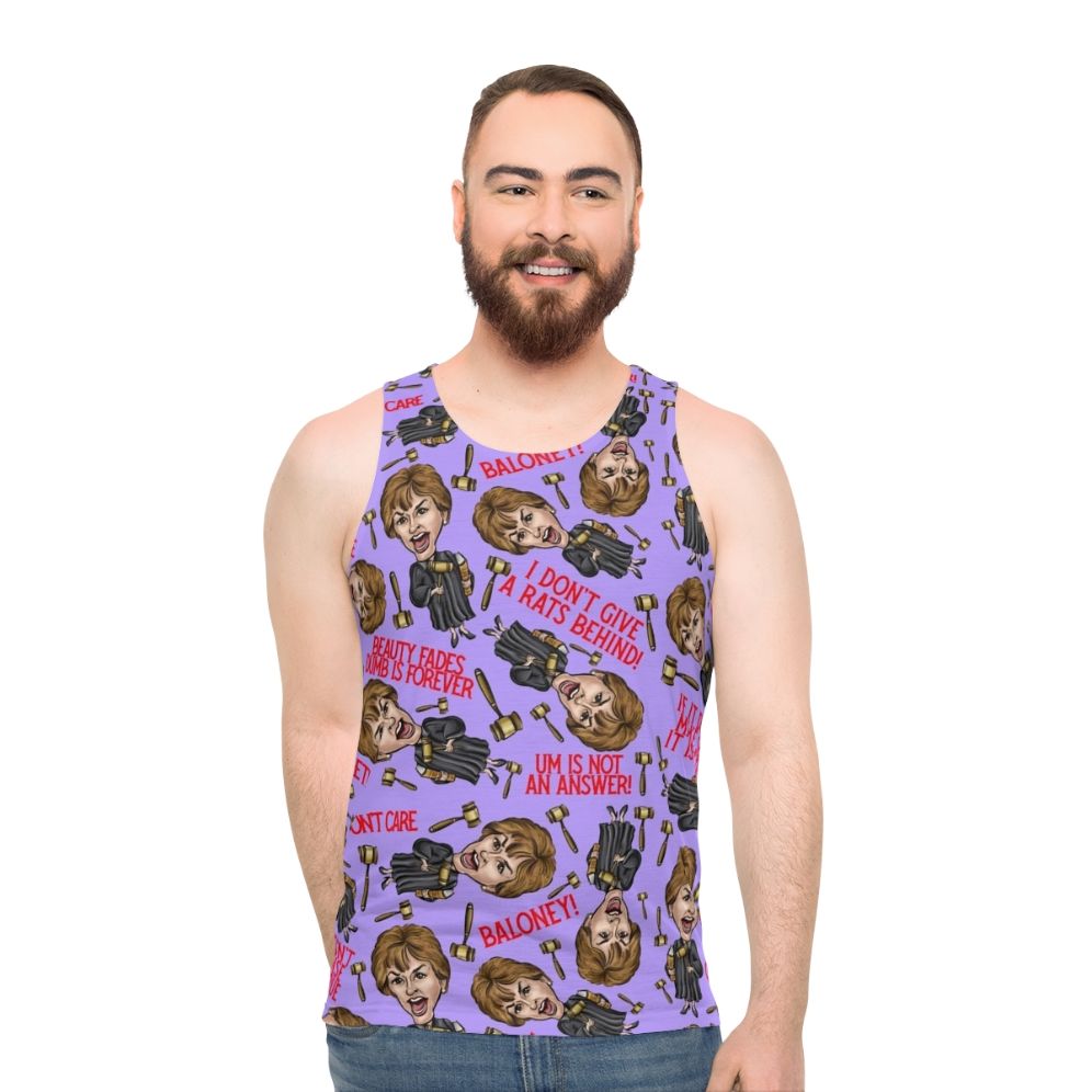 Purple unisex tank top with Judge Judy print