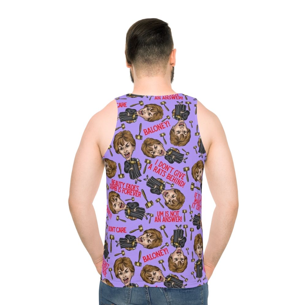 Purple unisex tank top with Judge Judy print