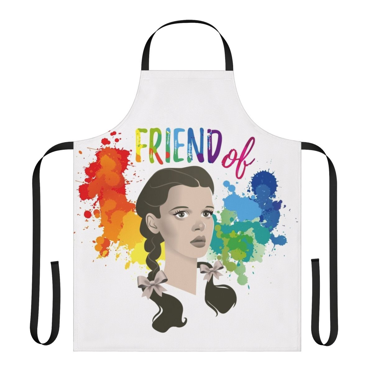 Colorful LGBTQ+ pride-themed apron featuring Judy Garland, an iconic figure in the gay community