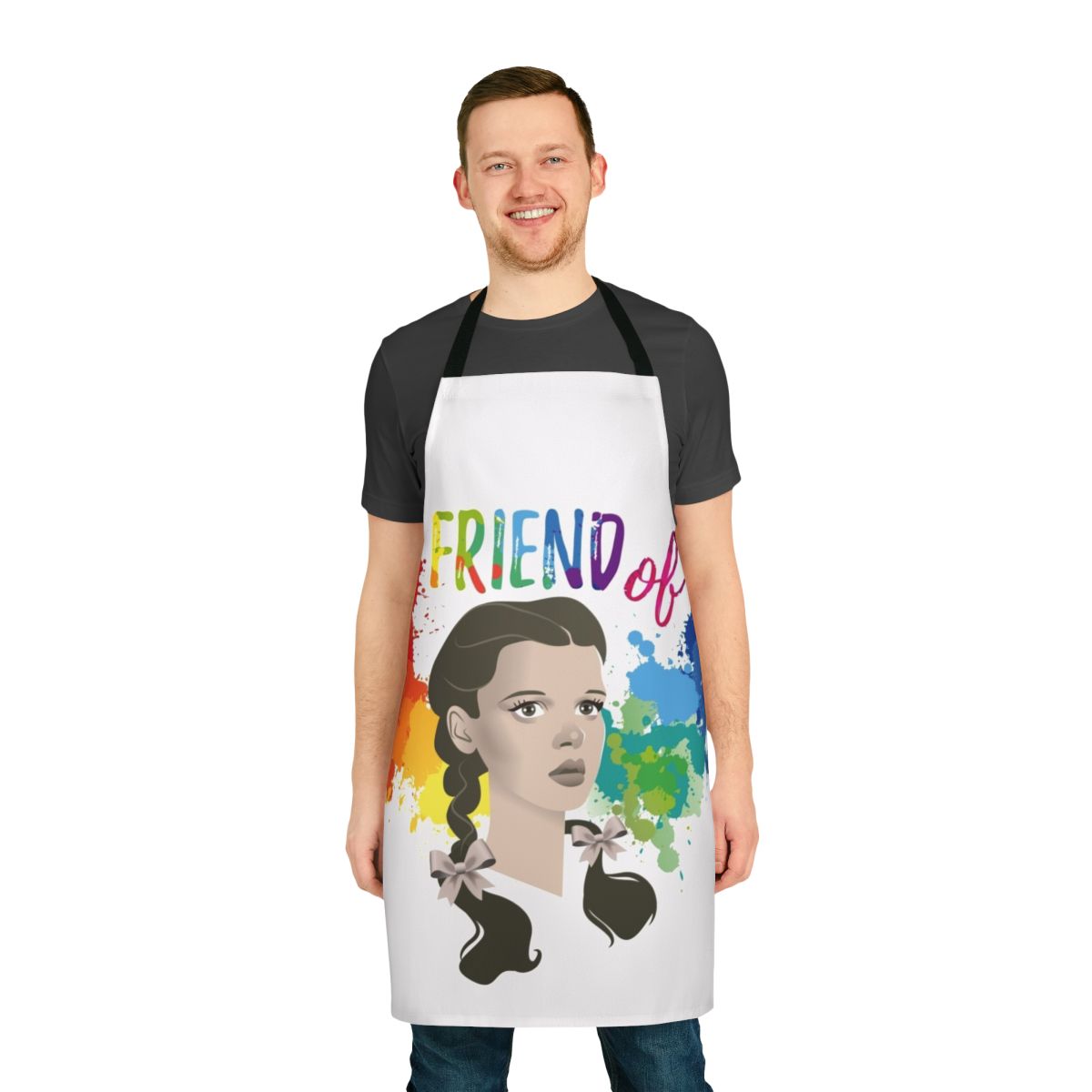 Colorful LGBTQ+ pride-themed apron featuring Judy Garland, an iconic figure in the gay community