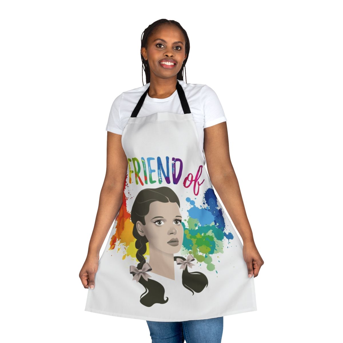 Colorful LGBTQ+ pride-themed apron featuring Judy Garland, an iconic figure in the gay community