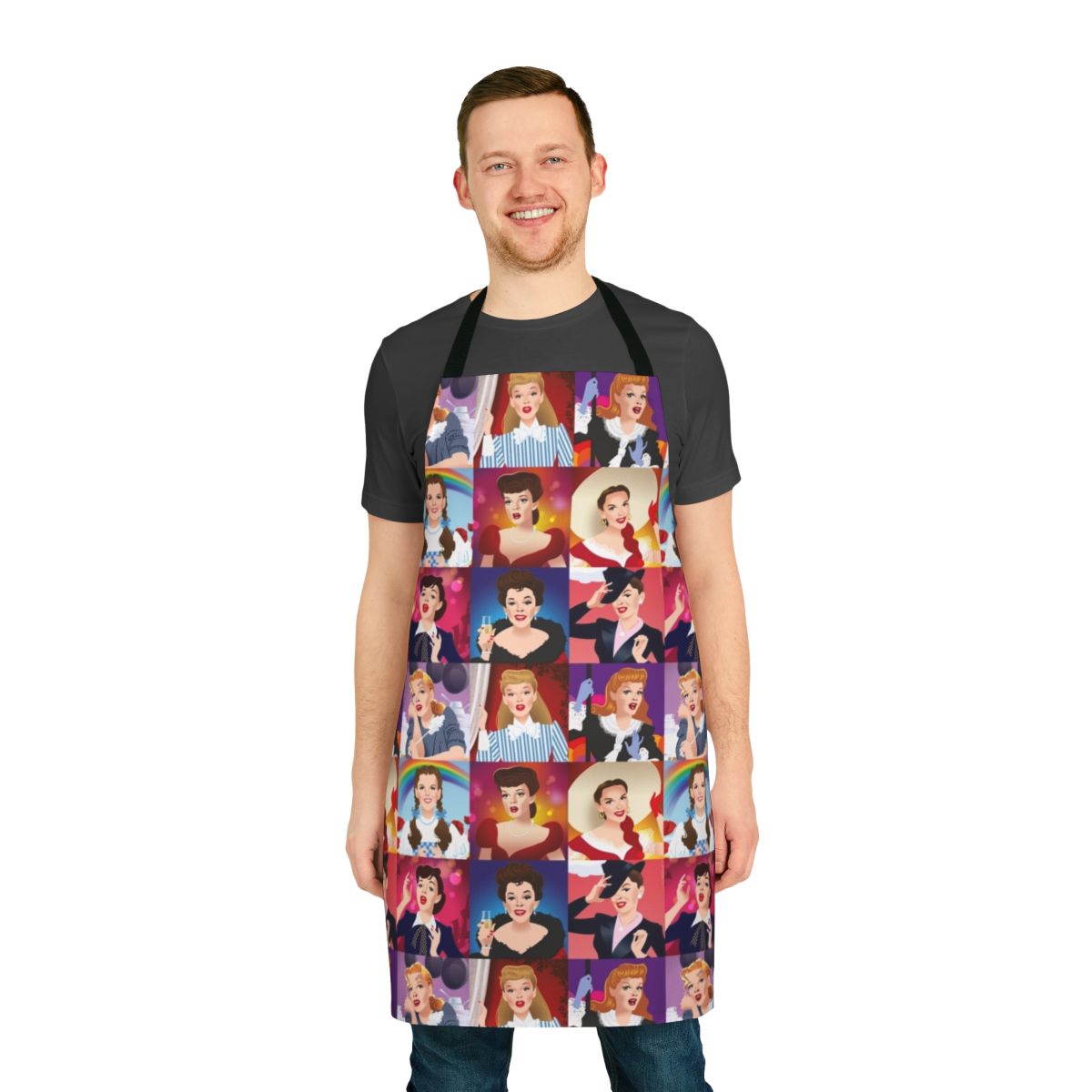 Vibrant Judy Garland pop art design printed on a high-quality apron