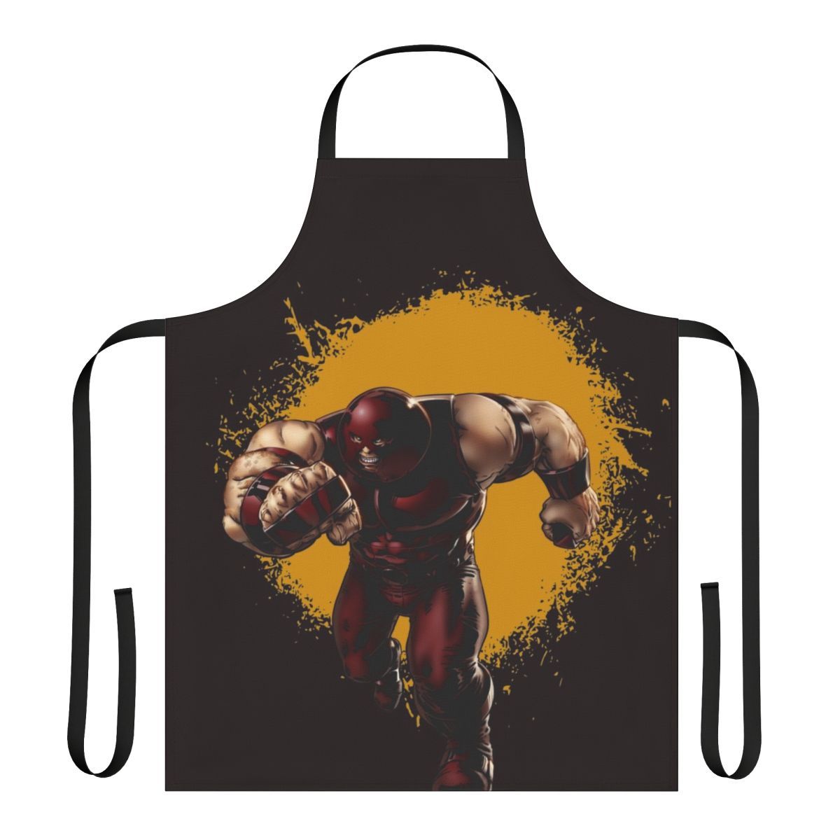 A black and red apron with a bold juggernaut-inspired graphic design, perfect for the kitchen or everyday wear.