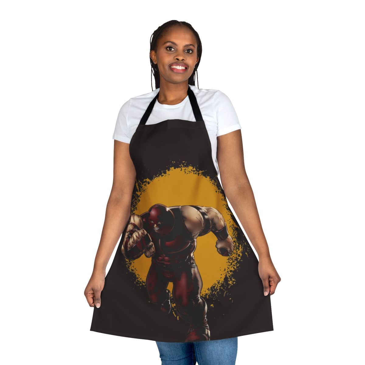 A black and red apron with a bold juggernaut-inspired graphic design, perfect for the kitchen or everyday wear.
