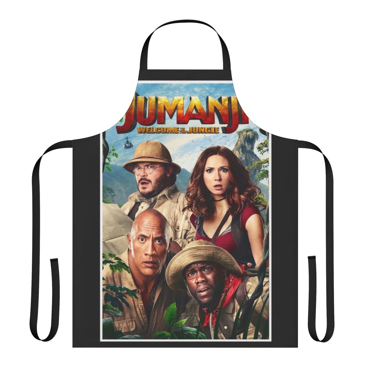 Jumanji-themed apron with Dwayne Johnson, Jack Black, and Kevin Hart graphics