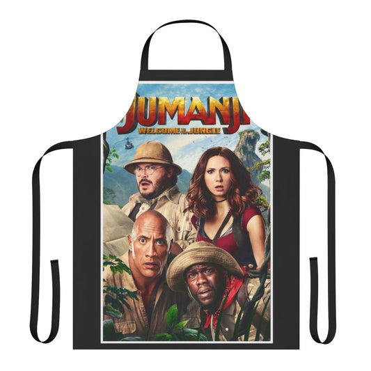 Jumanji-themed apron with Dwayne Johnson, Jack Black, and Kevin Hart graphics