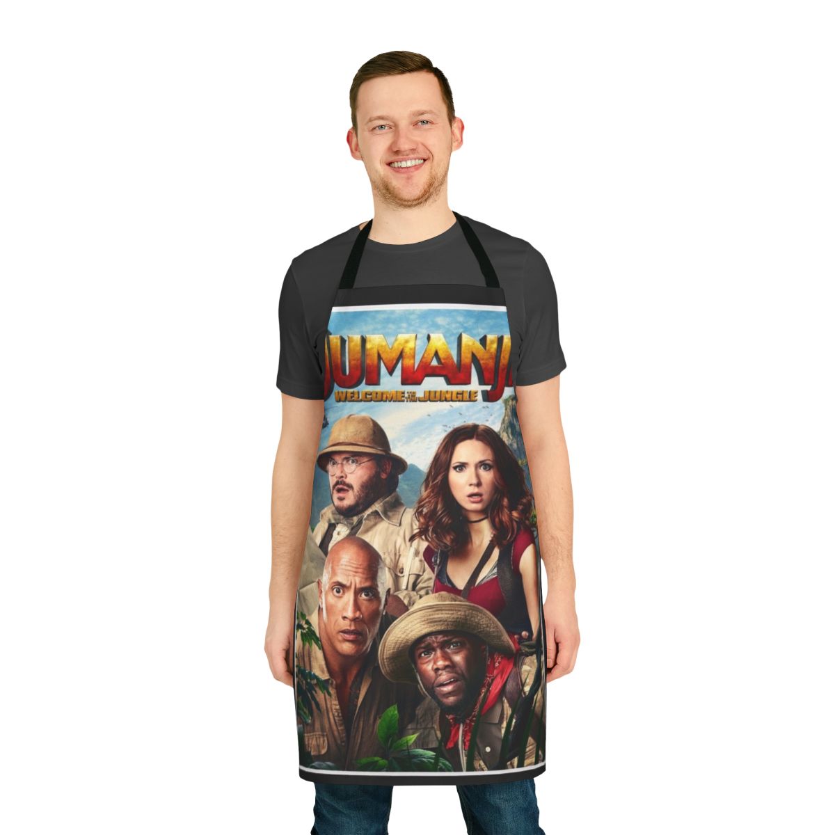 Jumanji-themed apron with Dwayne Johnson, Jack Black, and Kevin Hart graphics