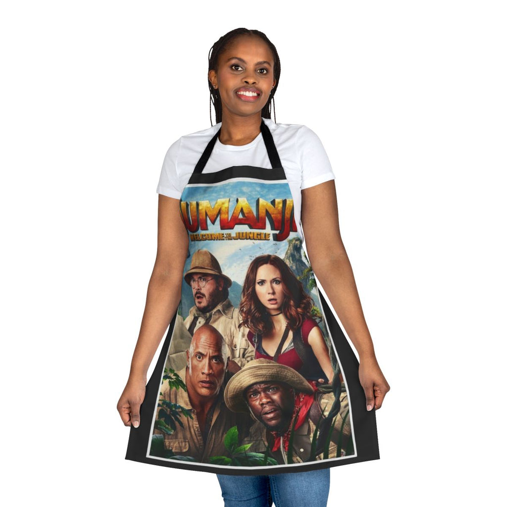 Jumanji-themed apron with Dwayne Johnson, Jack Black, and Kevin Hart graphics