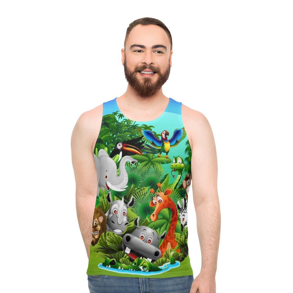Unisex tank top with jungle-themed animal print design