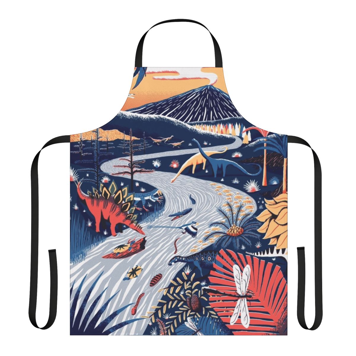 A colorful kitchen apron featuring a late Jurassic era dinosaur and prehistoric animal design.