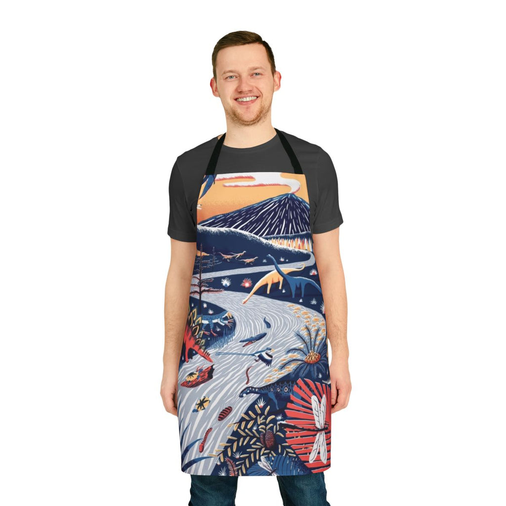 A colorful kitchen apron featuring a late Jurassic era dinosaur and prehistoric animal design.