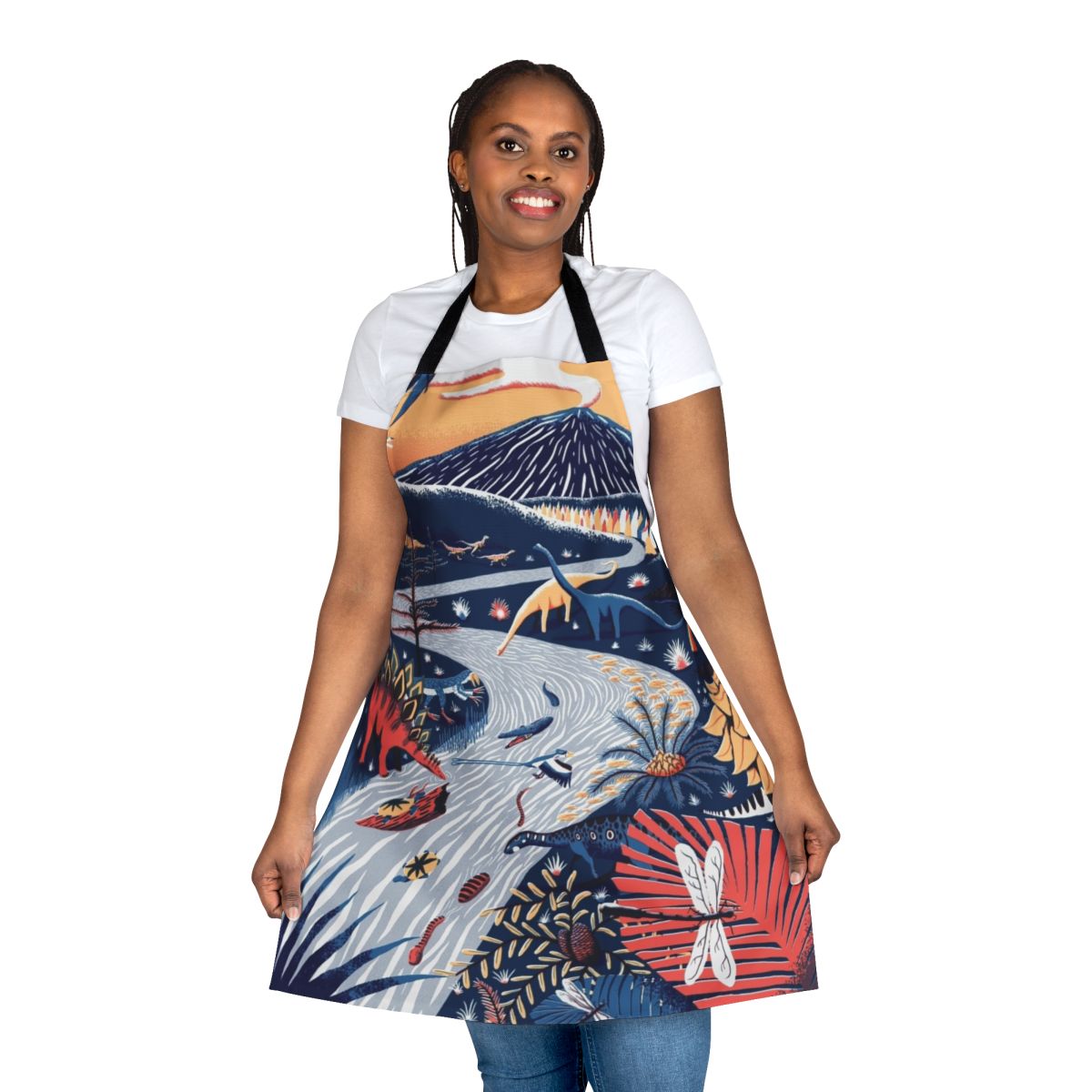 A colorful kitchen apron featuring a late Jurassic era dinosaur and prehistoric animal design.