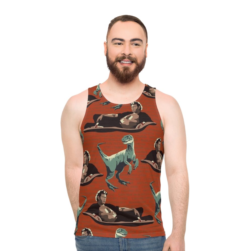 Jurassic Geniuses Unisex Tank Top featuring a dinosaur DNA pattern design