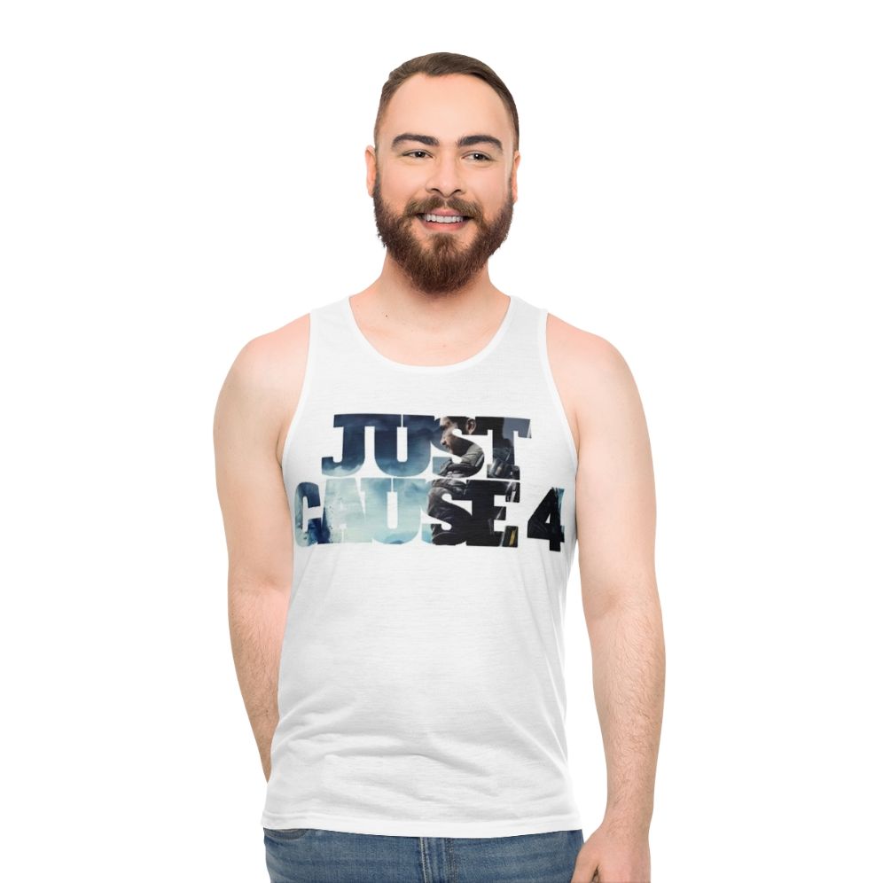 Just Be Cause 4 Unisex Gaming Tank Top with Superhero Logo Design
