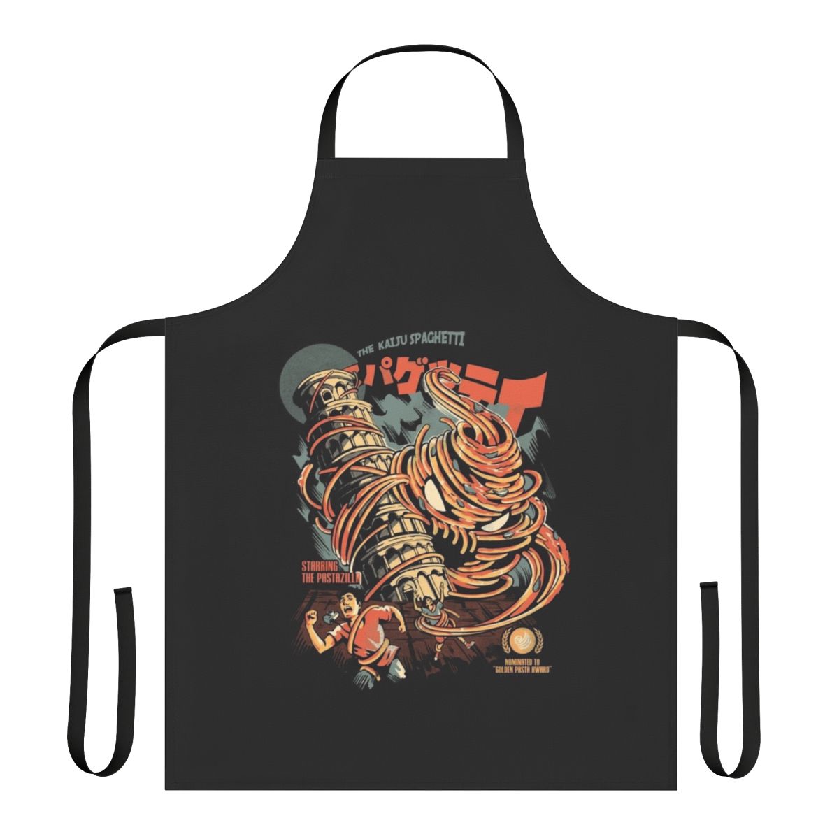 Black apron featuring a kaiju-inspired spaghetti design