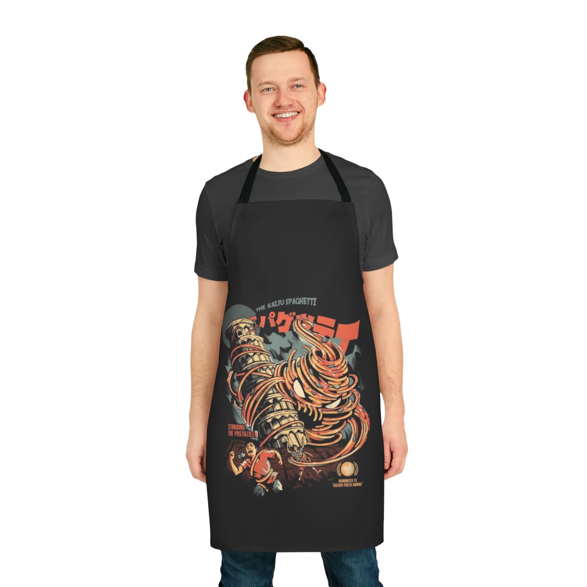 Black apron featuring a kaiju-inspired spaghetti design