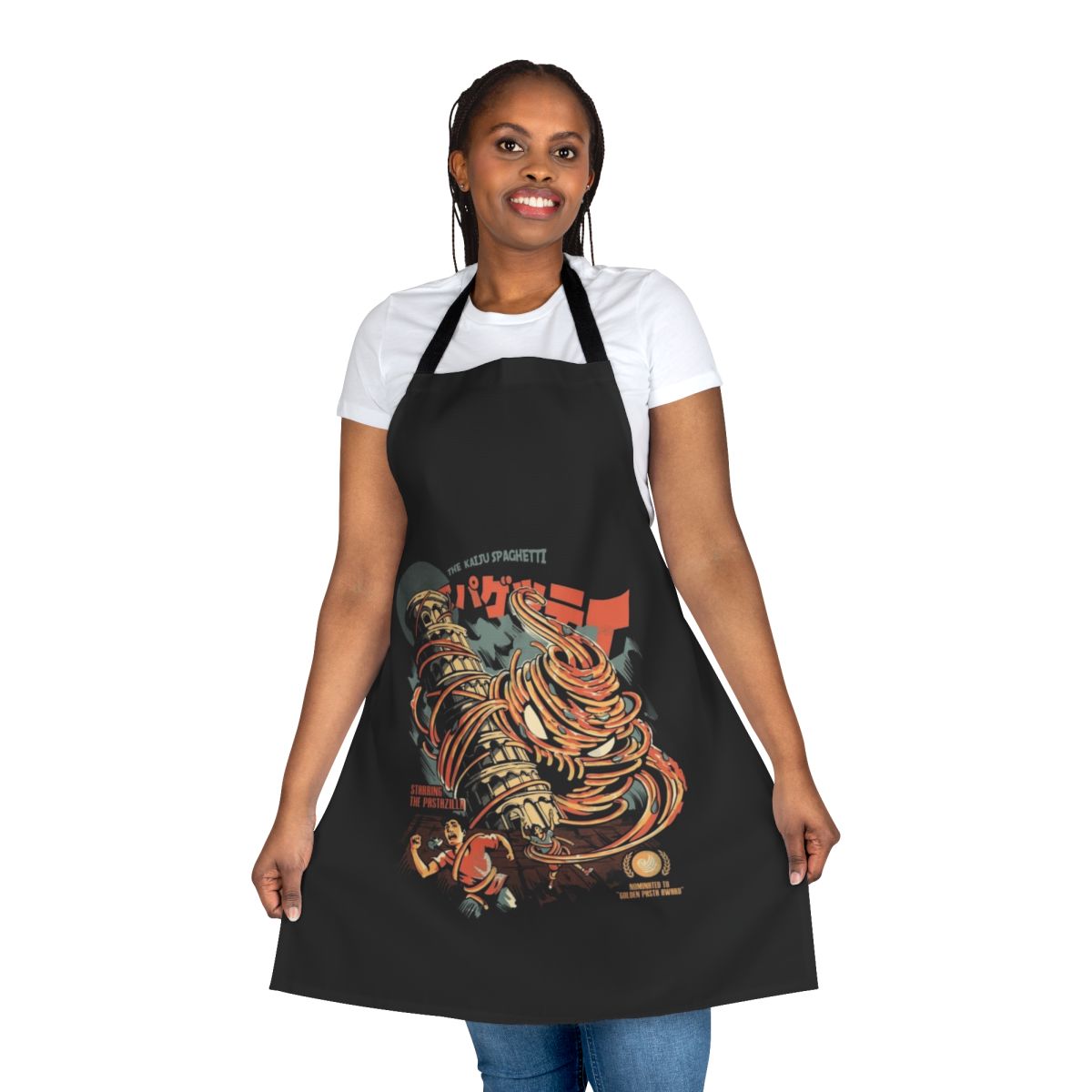 Black apron featuring a kaiju-inspired spaghetti design