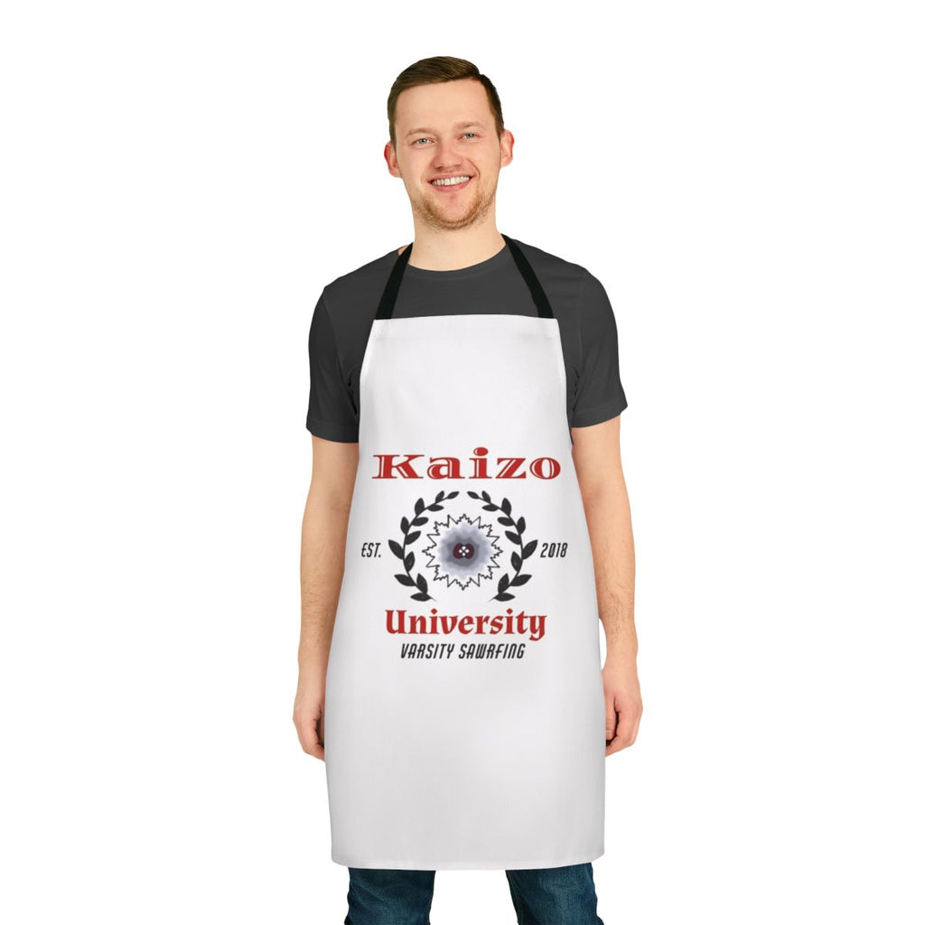 Kaizo Sawrfing inspired apron with varsity-style graphic design