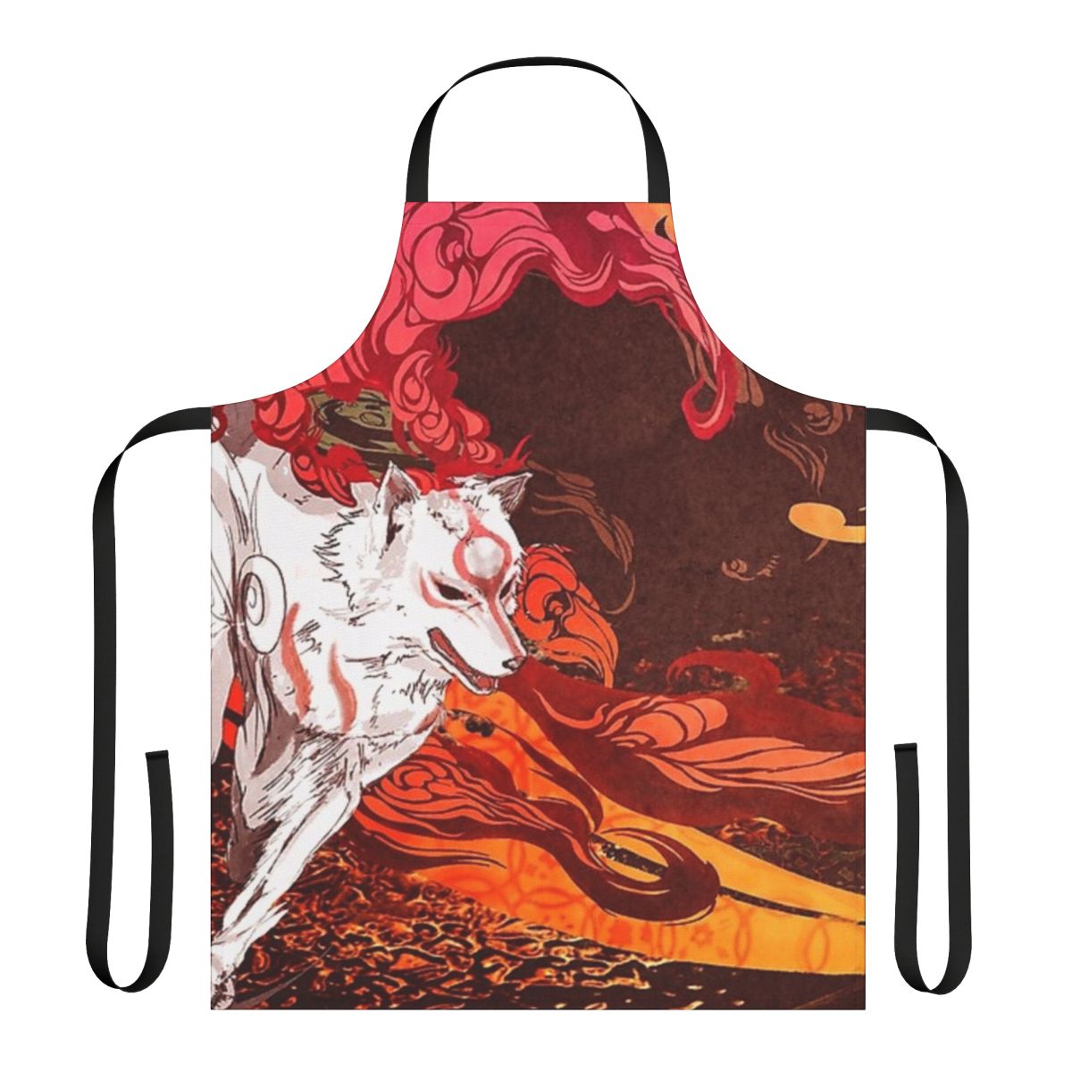 Ōkami-themed apron featuring the iconic wolf character and Japanese-inspired design