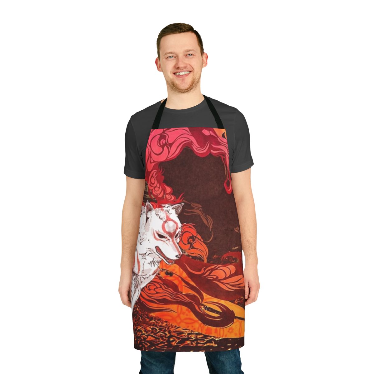 Ōkami-themed apron featuring the iconic wolf character and Japanese-inspired design