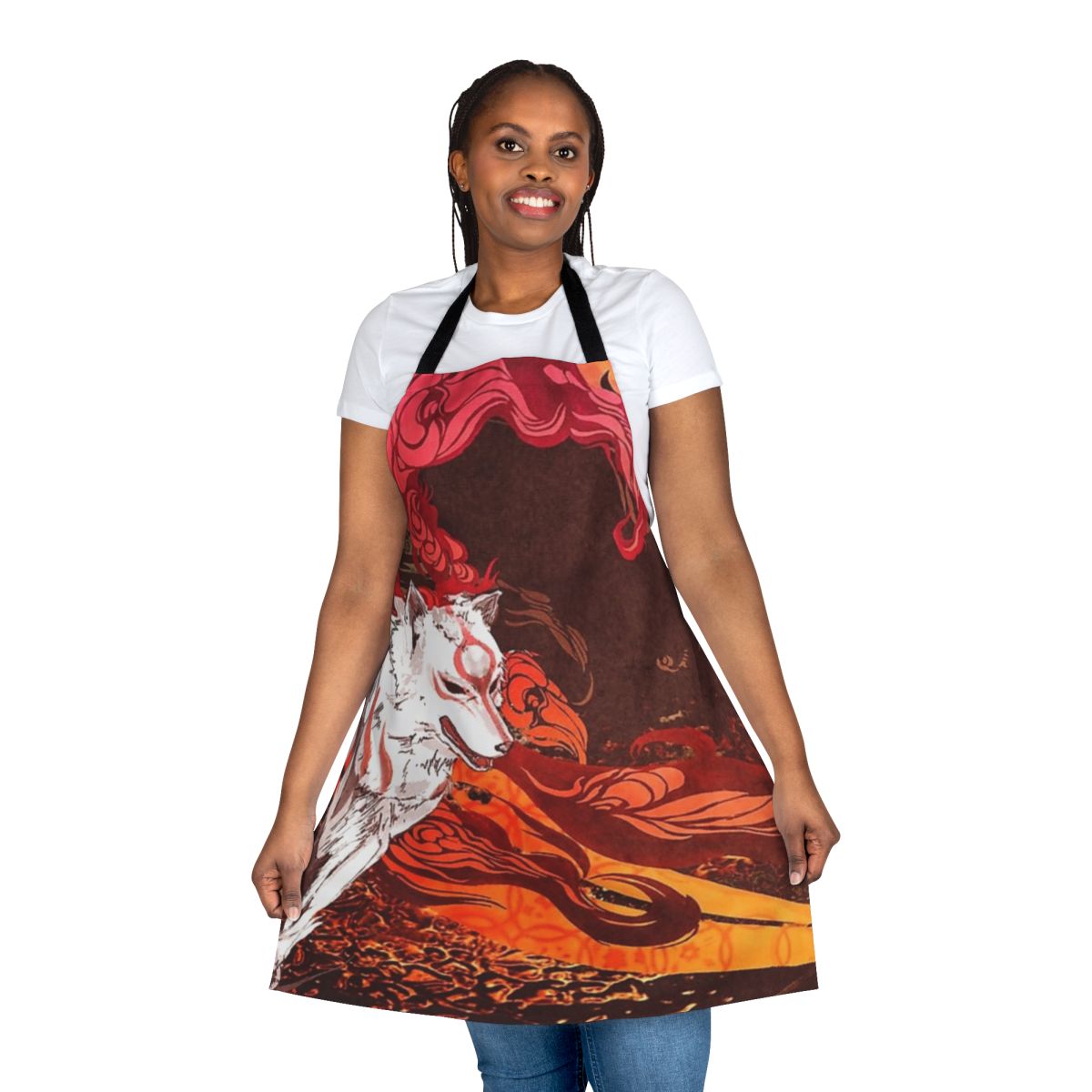 Ōkami-themed apron featuring the iconic wolf character and Japanese-inspired design