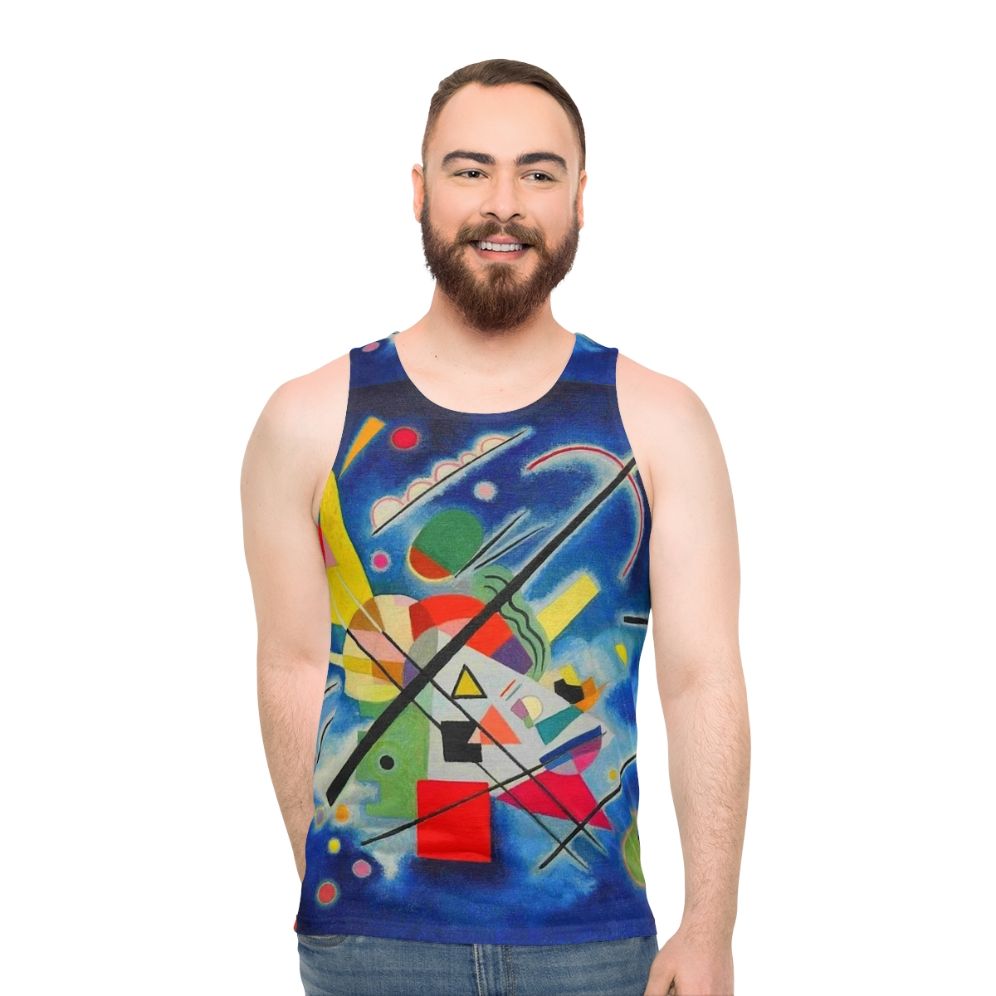 Unisex tank top featuring an abstract blue painting inspired by Kandinsky